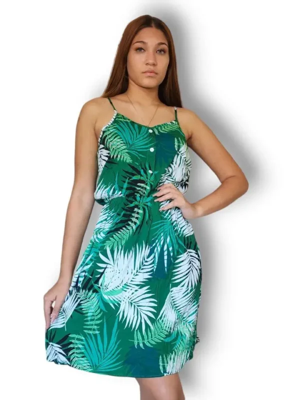 VESTIDO VERDE ESTAMPADO TROPICAL DE TIRANTES