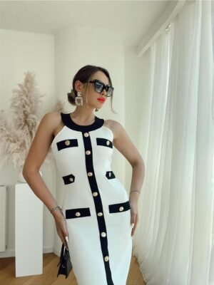 VESTIDO AJUSTADO BLANCO DETALLES NEGROS VBLNG1