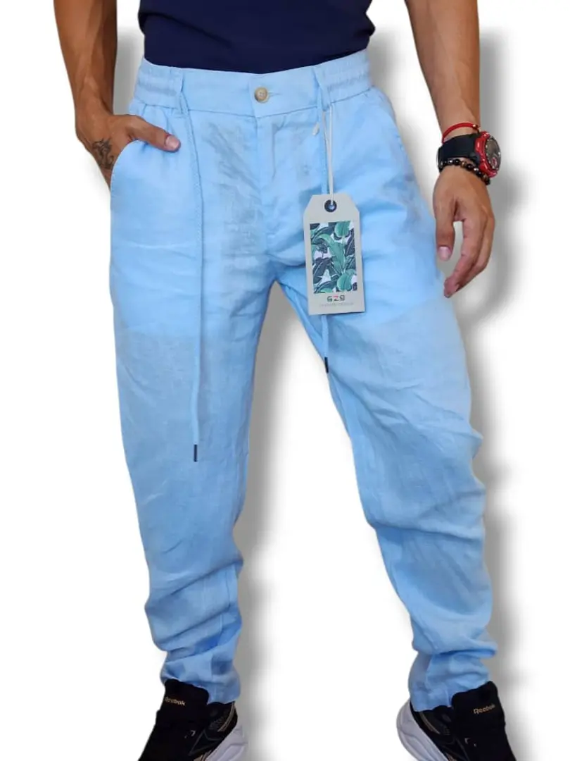 PANTALÓN DE LINO AZUL PLAZ