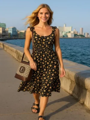 VESTIDO NEGRO DE FLORECITAS amarillas AVNFA