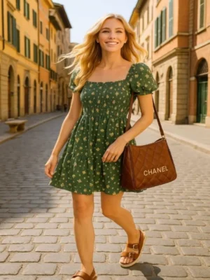 VESTIDO VERDE DE FLORES AMARILLAS VTD8