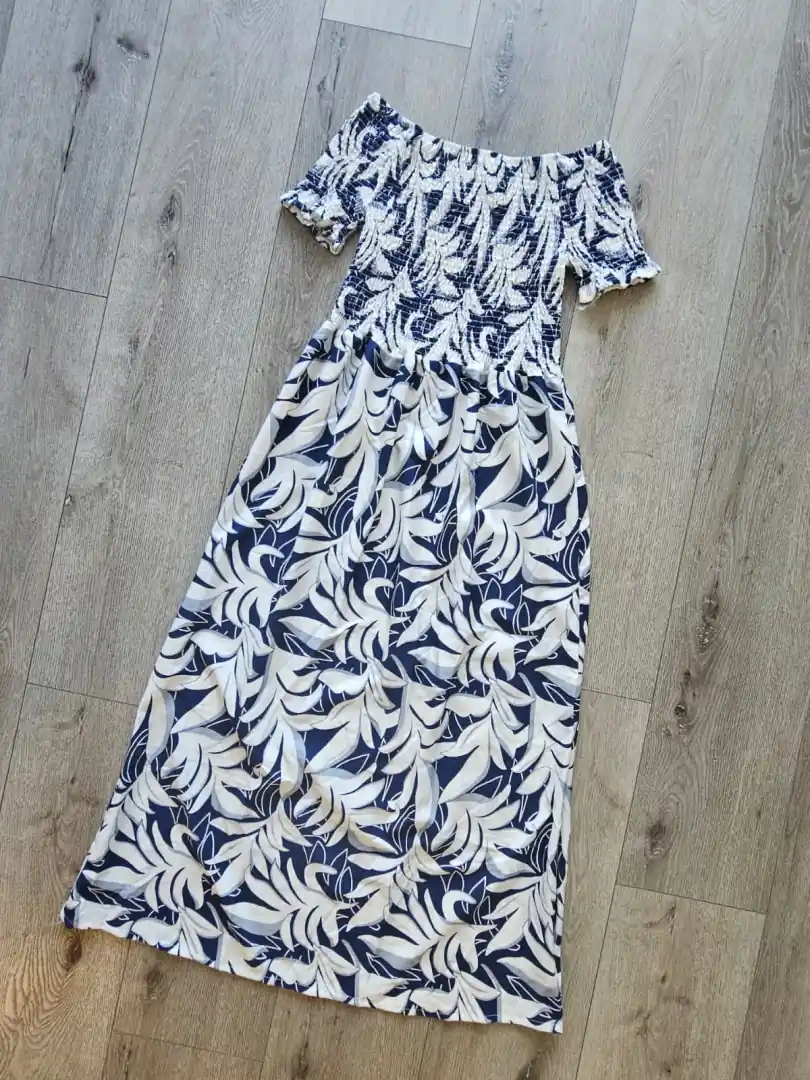 VESTIDO AZUL HOJAS BLANCAS VTD324