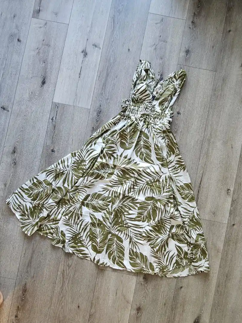 VESTIDO BLANCO HOJAS VERDES VTD300